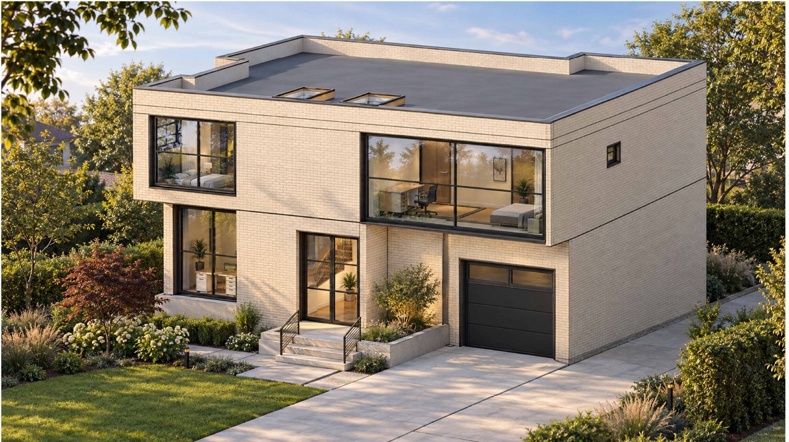 Visualisation of a two-storey brick house, rendered from the Revit model